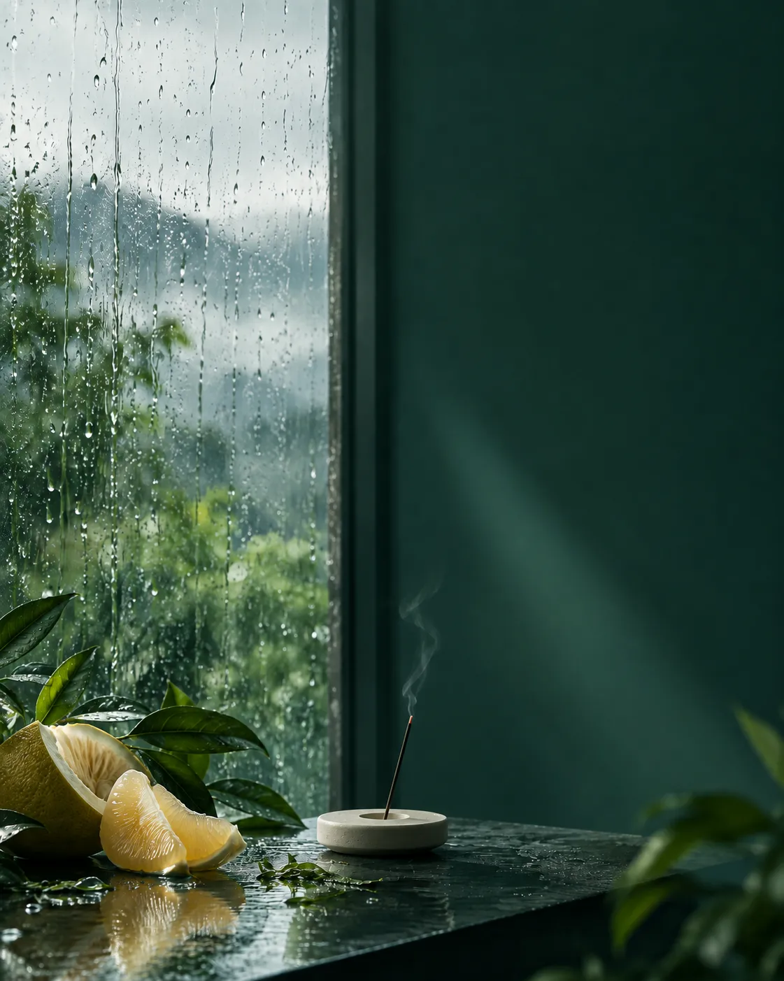 A lit stick on a wet sill by a rain-streaked window, pomelo and tea leaves beside it